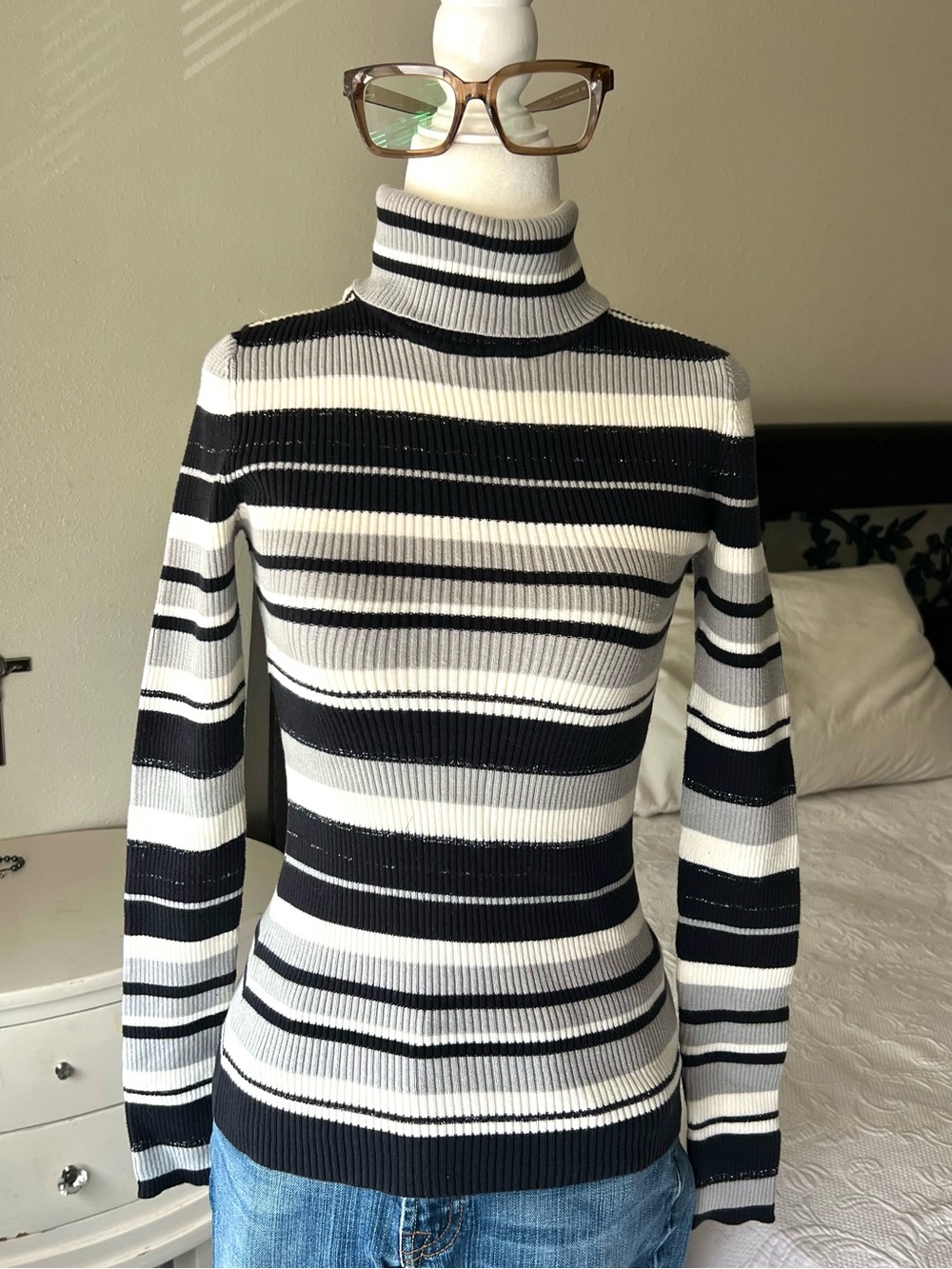 Basic Editions Black White Gray Striped Turtleneck Sweater